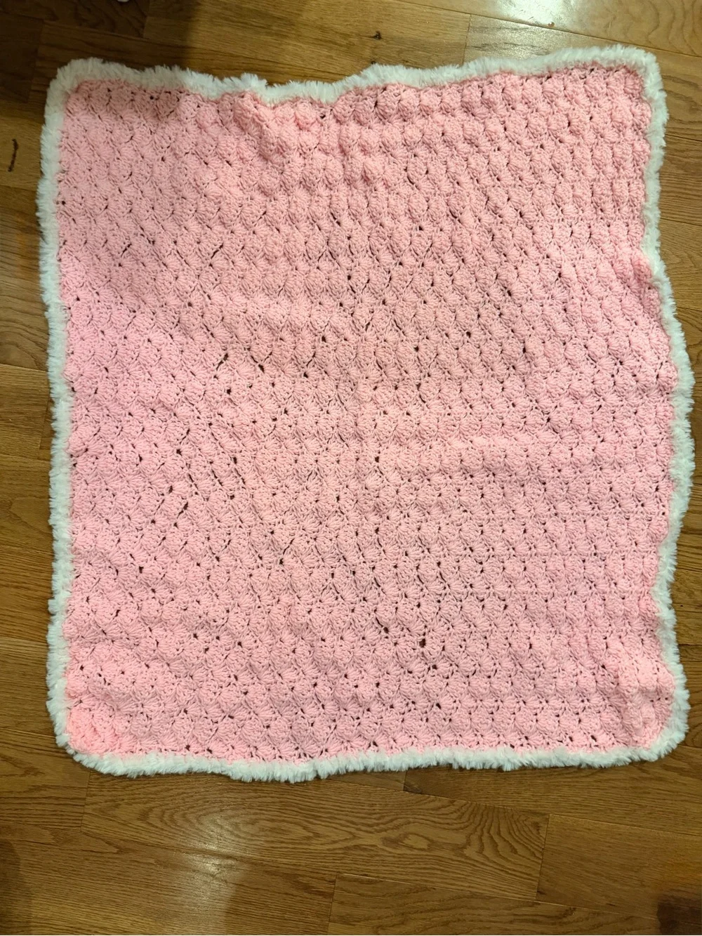 Hand Crocheted Pink Baby Blanket with Plush White Trim 36x39